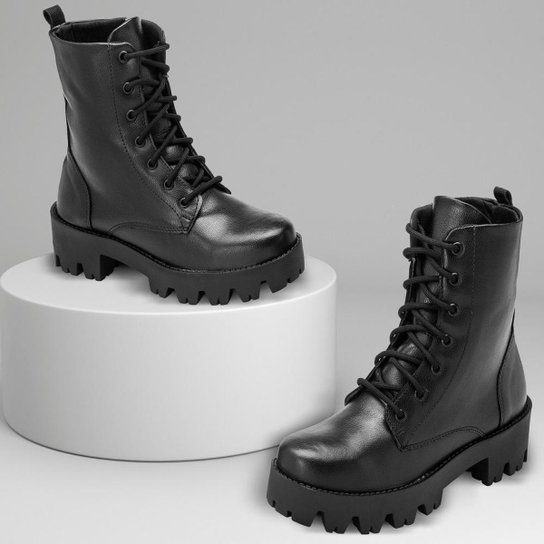 Bota Coturno Feminino Solado Tratorado Militar Conforto - Preto Menor preço em Bota Coturno Feminino Solado Tratorado Militar Conforto - Preto