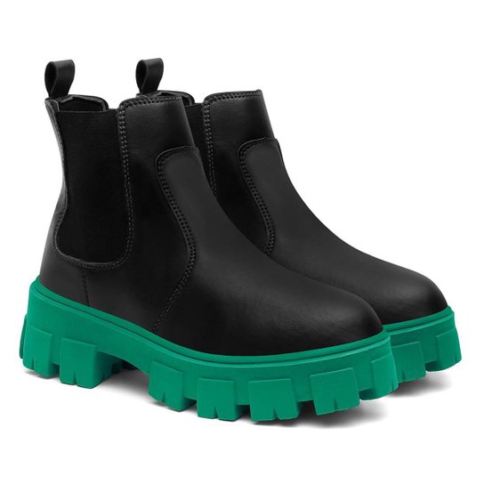Bota Coturno Feminino Tratorada Chelsea Macia Confortável - Preto+verde