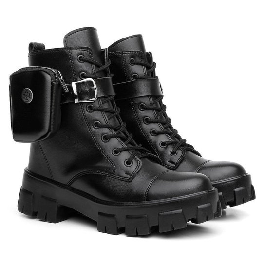 Bota Coturno Feminino Tratorada Estilo Militar Com Bag Bolsinha Lateral Removível Blogueira - Preto Menor preço em Bota Coturno Feminino Tratorada Estilo Militar Com Bag Bolsinha Lateral Removível Blogueira - Preto