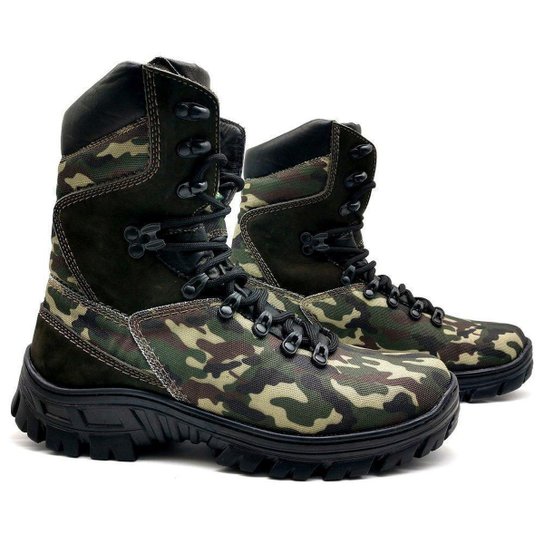 Bota Coturno Masculina Couro Semi-Impermeável Militar BM - Verde+Marrom Menor preço em Bota Coturno Masculina Couro Semi-Impermeável Militar BM - Verde+Marrom