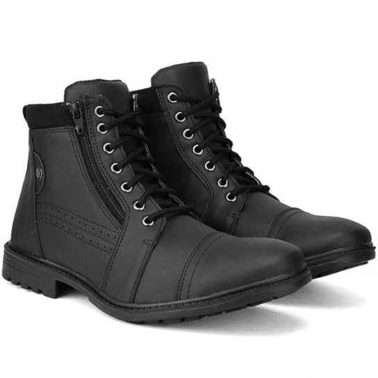 Bota Coturno Masculino Couro Artificial Classico Com Ziper Lateral - Preto Menor preço em Bota Coturno Masculino Couro Artificial Classico Com Ziper Lateral - Preto
