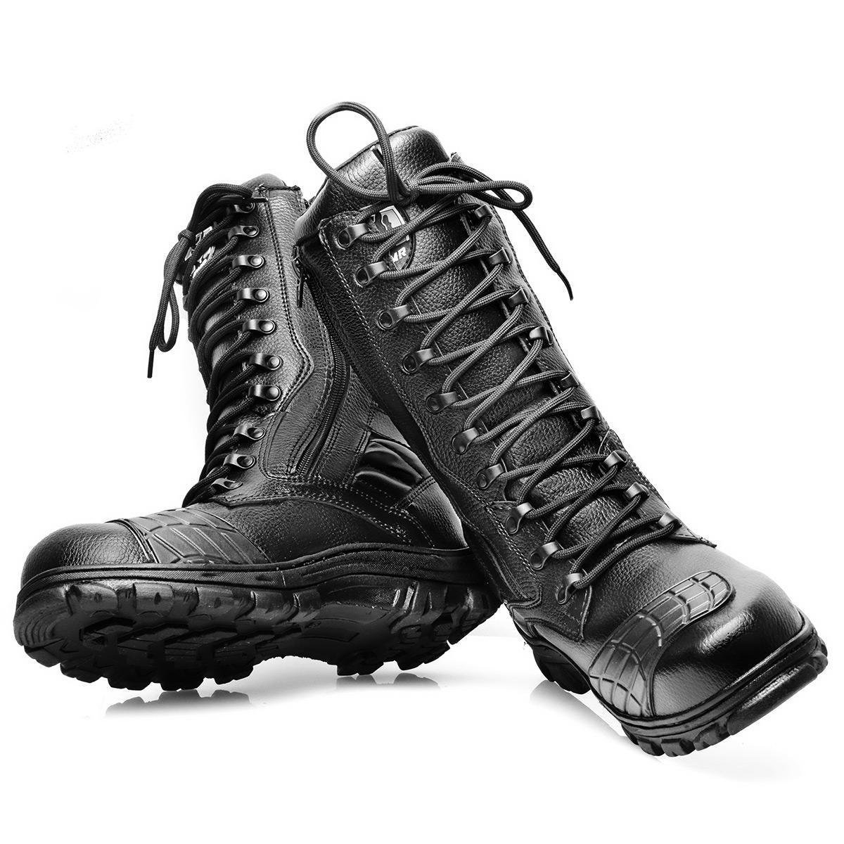 Bota Coturno Militar Couro Masculina Preta Cano Longo Menor preço em Bota Coturno Militar Couro Masculina Preta Cano Longo