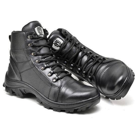 Bota Coturno Militar Tática Couro Masculina Cano Baixo Preta Lisa - Preto Menor preço em Bota Coturno Militar Tática Couro Masculina Cano Baixo Preta Lisa - Preto