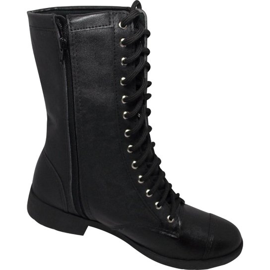 Bota Coturno Moda Pé Cano Médio Estilo Militar Feminina - Preto Menor preço em Bota Coturno Moda Pé Cano Médio Estilo Militar Feminina - Preto