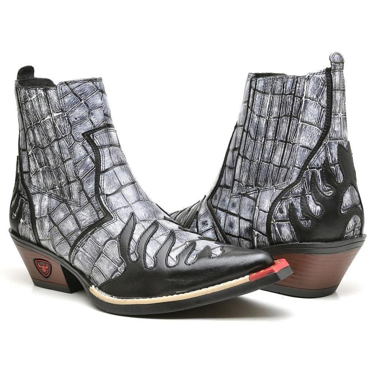 Bota Country Masculina Couro Bico Fino Bordada Moderna Preto+