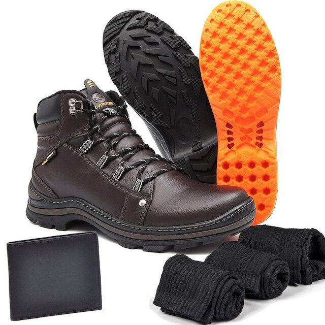 Bota Couro Adventure Venom Marrom com Carteira e 3 meias Masculina ...