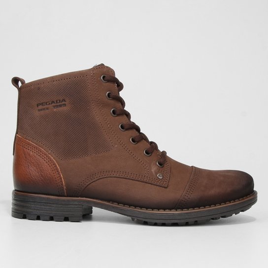 Bota Couro Pegada Cano Curto Masculina - Marrom Escuro+Preto Menor preço em Bota Couro Pegada Cano Curto Masculina - Marrom Escuro+Preto