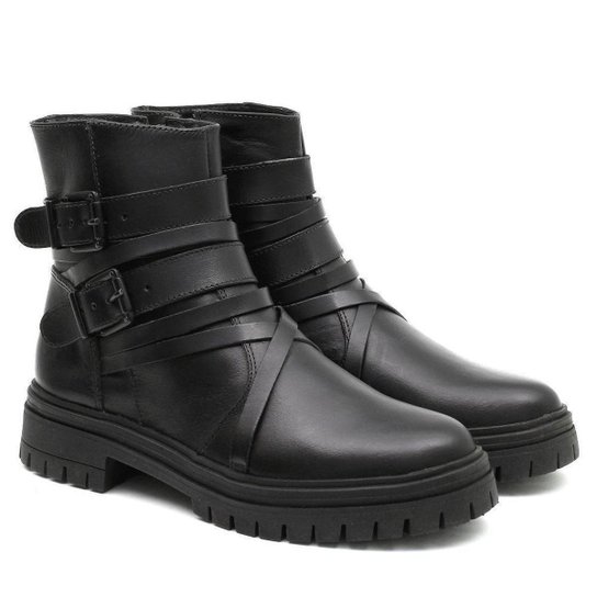 Bota Couro Venetto Coturno Fivelas Lisa Urbano Feminina - Preto Menor preço em Bota Couro Venetto Coturno Fivelas Lisa Urbano Feminina - Preto