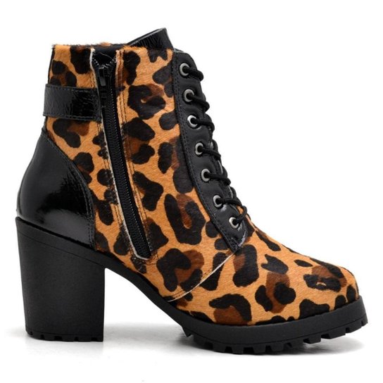 Bota de Couro Animal Print Feminina Onça Palmilha Conforto Bico Redondo
