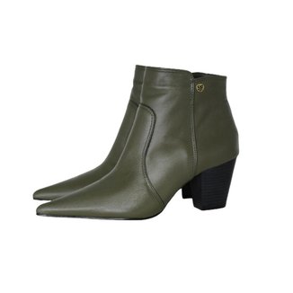 Bota Feminina Bico Fino Cano Curto Couro Salto 6 cm Verde