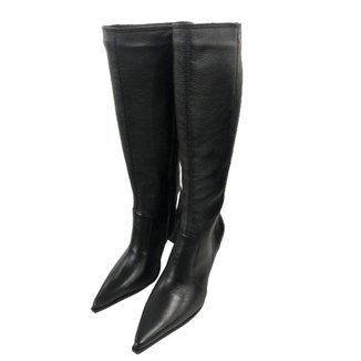 Bota Feminina Bico Fino Cano Longo Couro Salto 6 cm Preto