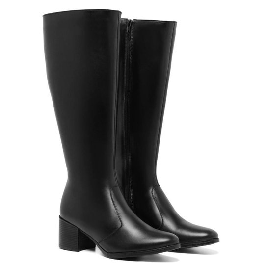 Bota Feminina Cano Alto Montaria Couro Lisa Moderna Casual - Preto Menor preço em Bota Feminina Cano Alto Montaria Couro Lisa Moderna Casual - Preto