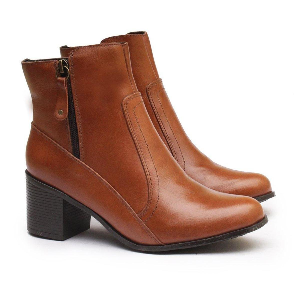 Bota Feminina Cano Curto Em Couro Legitimo Unisola - Caramelo ...
