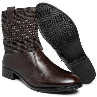 Bota Feminina Couro Cano Curto Malha Metal Elegante cor