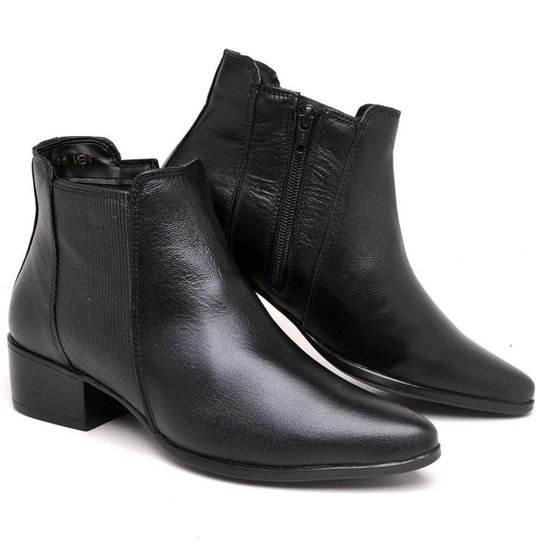 Bota Feminina Couro Salto Baixo Cano Curto Bico Fino Casual - Preto Menor preço em Bota Feminina Couro Salto Baixo Cano Curto Bico Fino Casual - Preto