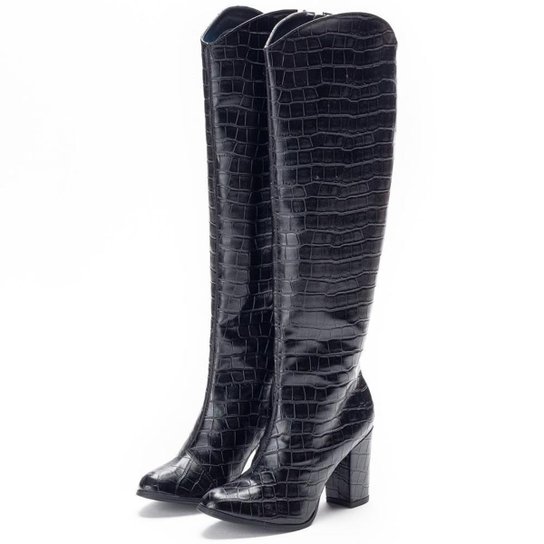 Bota Feminina Croco Cano Alto Salto Bloco Confortável - Preto Menor preço em Bota Feminina Croco Cano Alto Salto Bloco Confortável - Preto