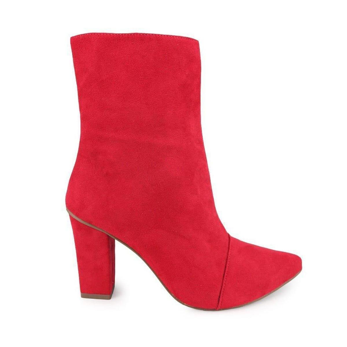 Bota Feminina Veludo Cano Médio Salto Alto Bloco Bico Fino