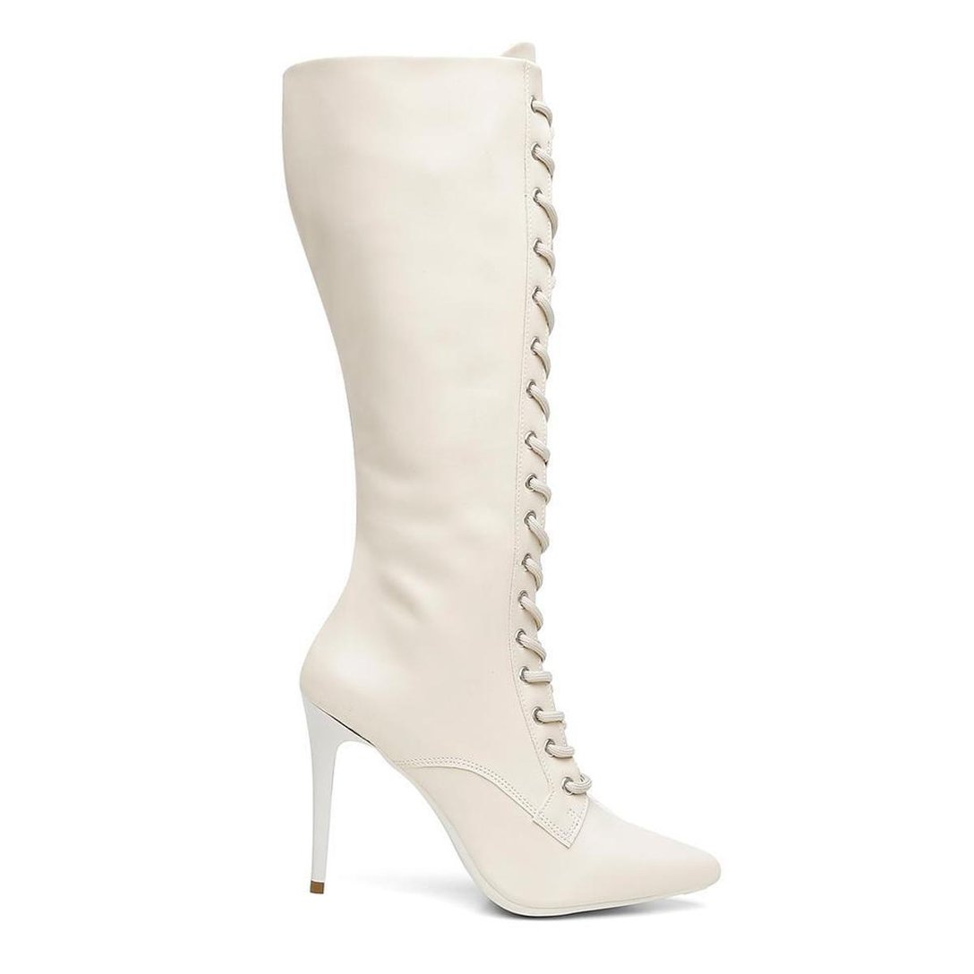 Bota Cano Alto Com Brilho Bota Feminina Vicerinne Dot Cano Alto Bico Fino Salto Alto - Off White