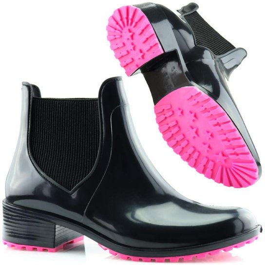 Bota Galocha Impermeável Feminina Cano Médio Preto e Lilas - Rosa Menor preço em Bota Galocha Impermeável Feminina Cano Médio Preto e Lilas - Rosa