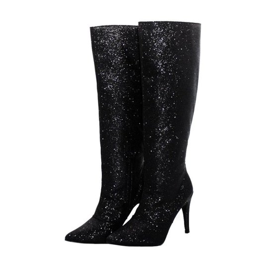 Bota Glitter Glamour Feminino Bico e Salto Fino Cano Alto Zíper