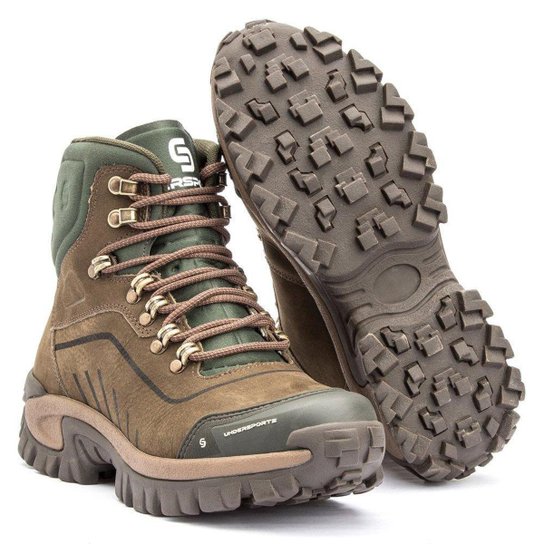 Bota Masculina Adventure Reforcada Detalhes Couro Legitimo Biqueira Borracha - Oliva - Marrom Claro Menor preço em Bota Masculina Adventure Reforcada Detalhes Couro Legitimo Biqueira Borracha - Oliva - Marrom Claro
