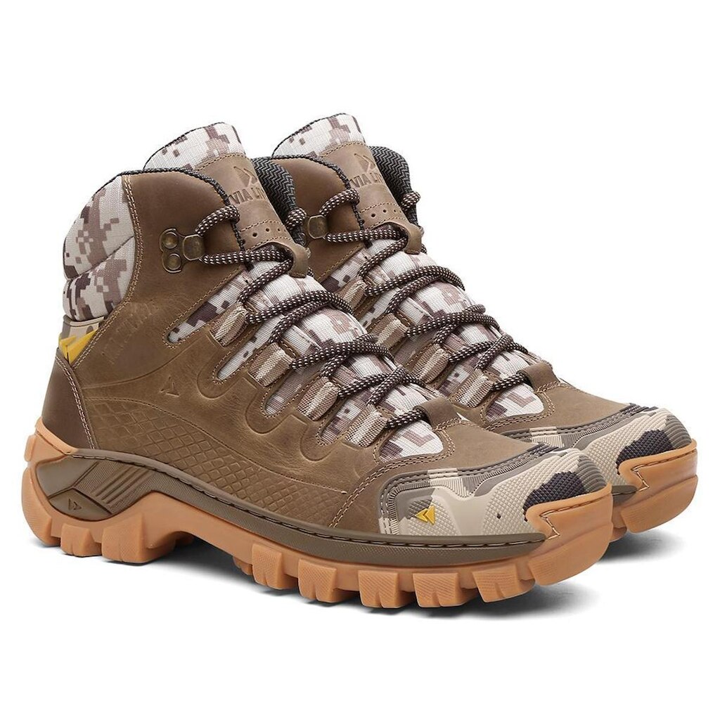 Bota masculina Camuflada de Couro Nobre Legitimo Tatica Cano Medio Solado Tratorado Reforçada Macia