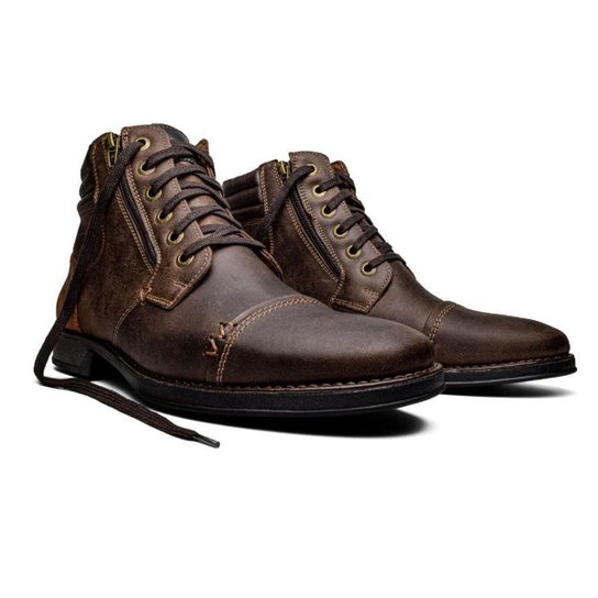 Bota Masculina Coturno Moda Couro Brilhante Cadarço - Marrom Menor preço em Bota Masculina Coturno Moda Couro Brilhante Cadarço - Marrom