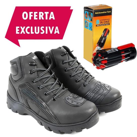 Bota Masculina Motoqueiro Adventure Com Biqueira Trabalho + Ferramenta - Preto Menor preço em Bota Masculina Motoqueiro Adventure Com Biqueira Trabalho + Ferramenta - Preto