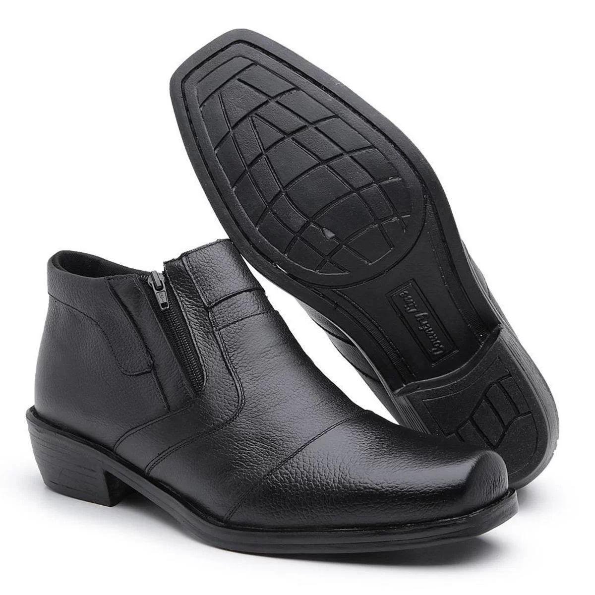 Bota Masculina Social Couro Legítimo Bico Quadrado Zíper Salto Cano Curto Confortável Reforçada Menor preço em Bota Masculina Social Couro Legítimo Bico Quadrado Zíper Salto Cano Curto Confortável Reforçada