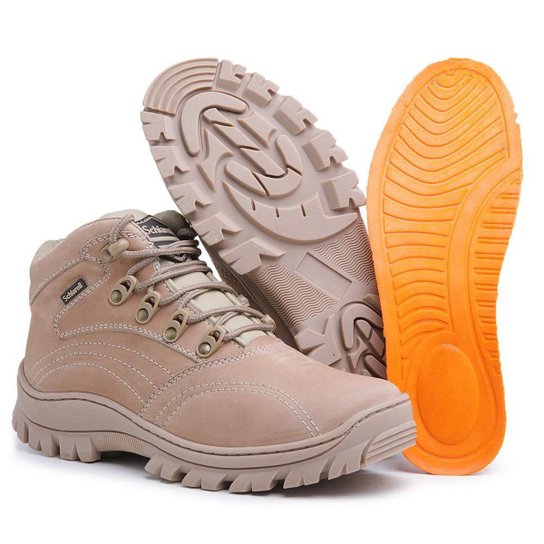 Bota Masculino Coturno Adventure em Couro Modelo Esportivo Estilo Militar Leve e Confortável - Bege Menor preço em Bota Masculino Coturno Adventure em Couro Modelo Esportivo Estilo Militar Leve e Confortável - Bege