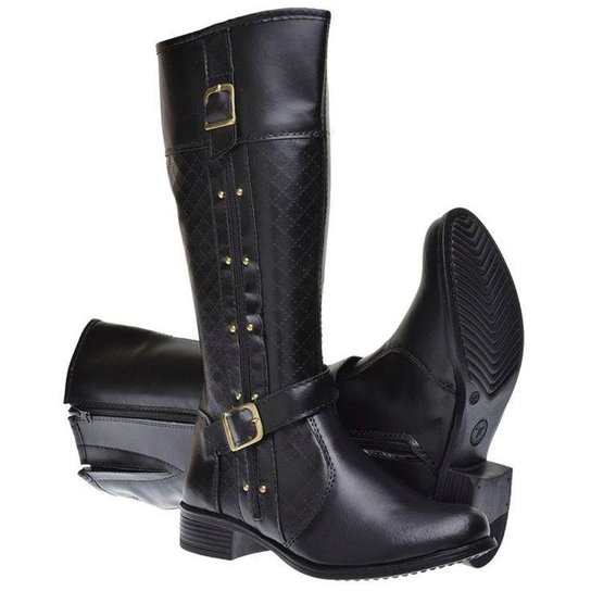 Bota Montaria Feminina Metalasse Cano Longo Salto Baixo Zíper Fivela Lateral Confortável - Preto Menor preço em Bota Montaria Feminina Metalasse Cano Longo Salto Baixo Zíper Fivela Lateral Confortável - Preto