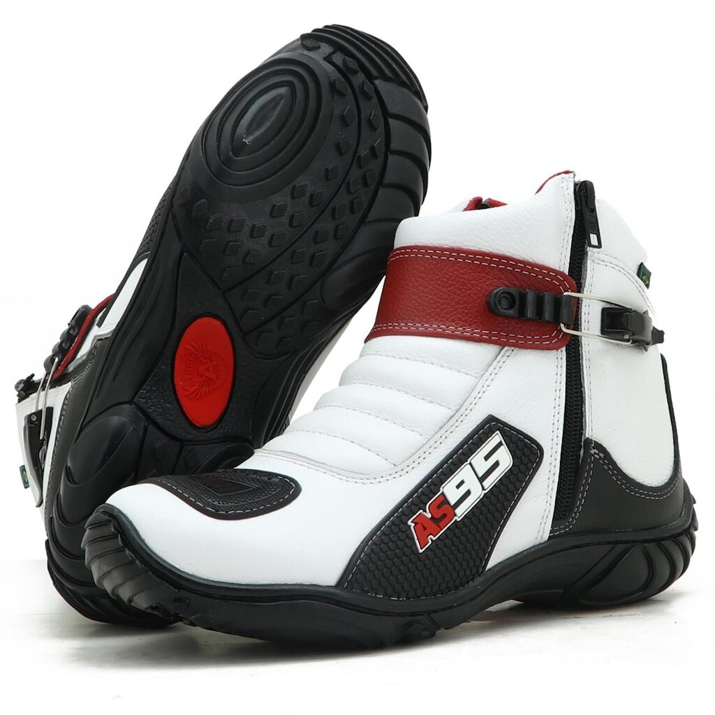 BOTA MOTOCICLISTA DE COURO AS95 095 KM BRANCO PTO VERM