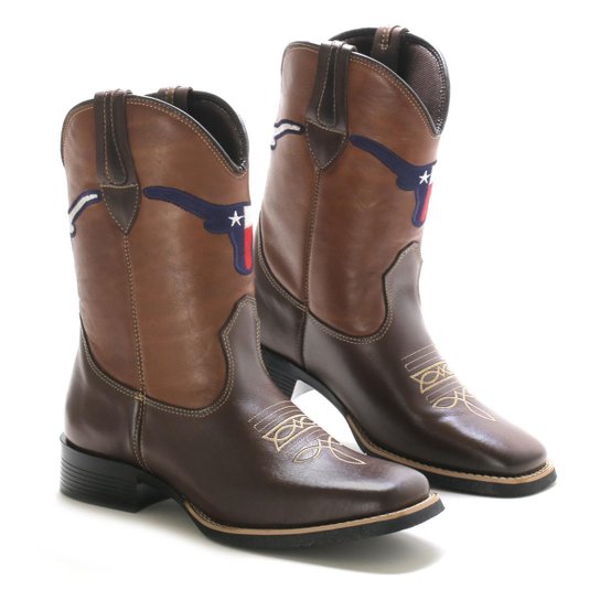 Bota Texana Country Couro Bordada Touro Cano Alto Lookstock Masculina - Marrom Menor preço em Bota Texana Country Couro Bordada Touro Cano Alto Lookstock Masculina - Marrom