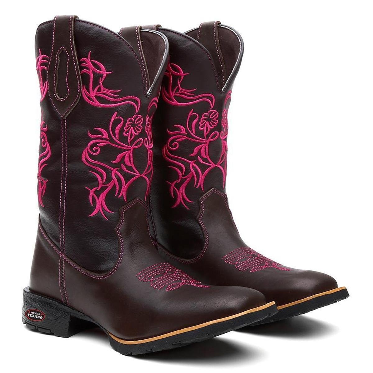 Bota Texana Country Feminina Flores Rosa em Couro Menor preço em Bota Texana Country Feminina Flores Rosa em Couro