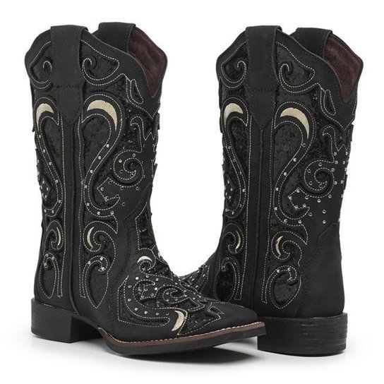 Bota Texana Feminina Country em Couro - Preto Menor preço em Bota Texana Feminina Country em Couro - Preto