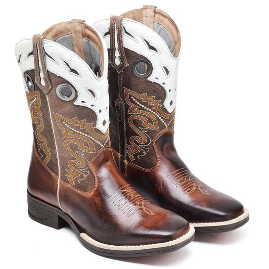 Bota Texana Masculina Couro Cano Alto Bordada Country Estilo