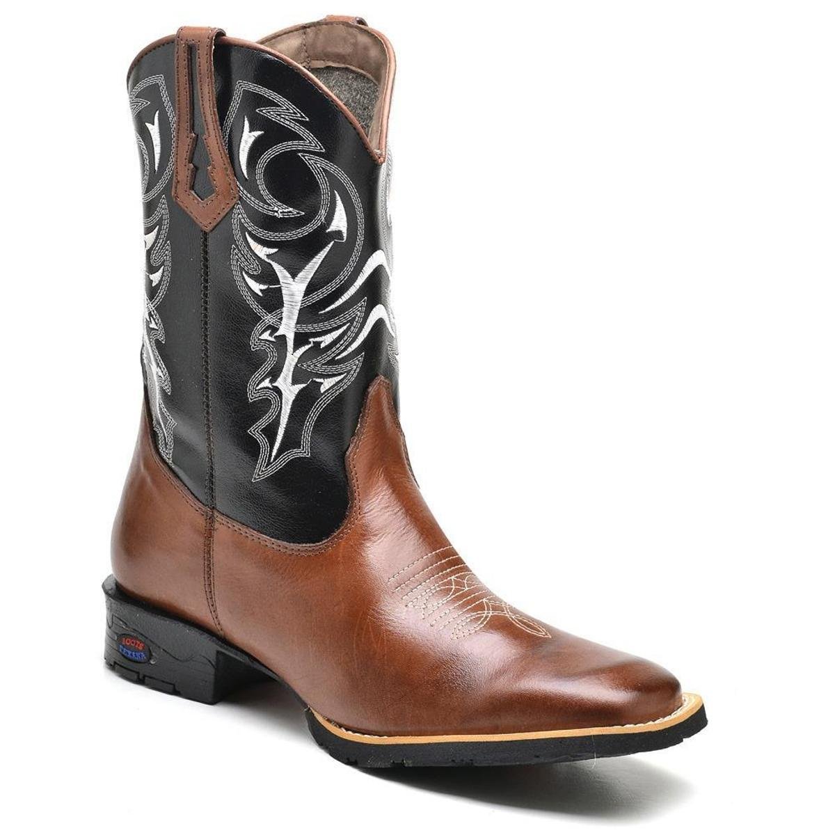 Bota Texana Masculina Couro Cano Alto Bordada Macia Country