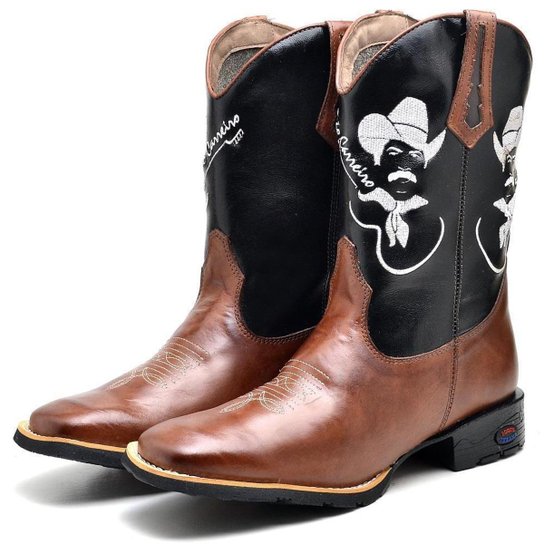 Bota Texana Masculina Couro Cano Alto Bordado Bico Fino Marrom