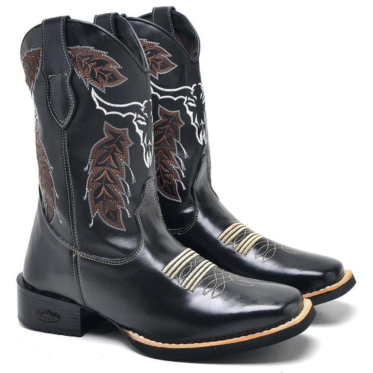 Bota Texana Masculina Couro Cano Alto Bordado Country Estilo