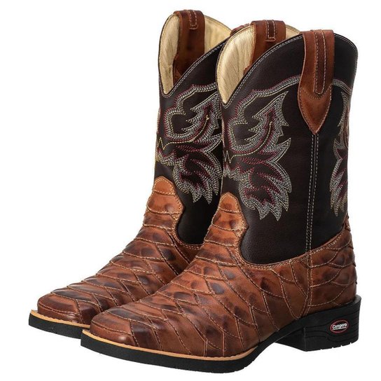 Bota Texana Masculina Couro Escamada Cano Alto Cowboy - Marrom Menor preço em Bota Texana Masculina Couro Escamada Cano Alto Cowboy - Marrom