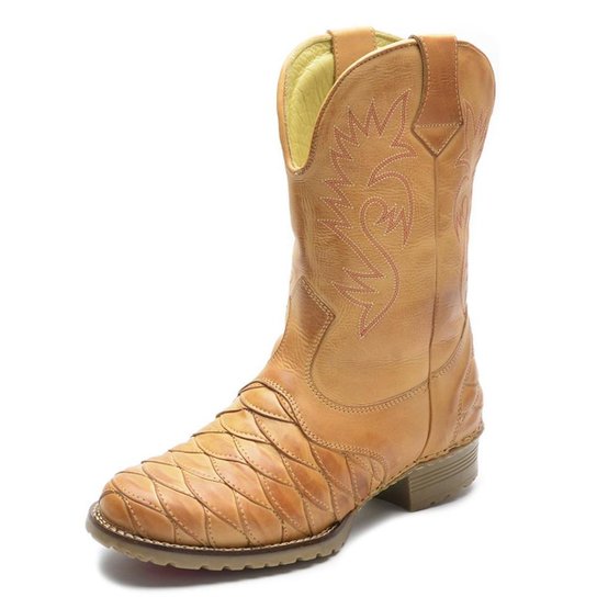 Bota Texana Masculina Escamada Couro Cano Medio Bico Redondo - Bege Menor preço em Bota Texana Masculina Escamada Couro Cano Medio Bico Redondo - Bege