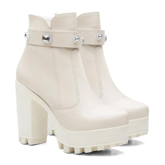 Bota Vicerinne Feminina Salto Alto Pedraria Zíper Conforto - Off White Menor preço em Bota Vicerinne Feminina Salto Alto Pedraria Zíper Conforto - Off White