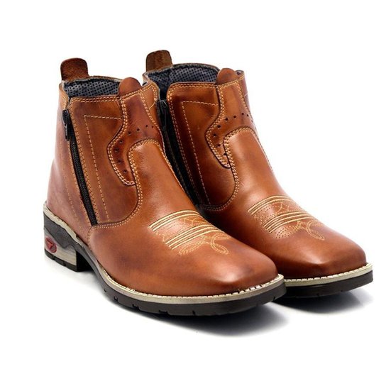 Botina Bico Quadrado Bota Masculina Couro Cano Curto Com Zíper
