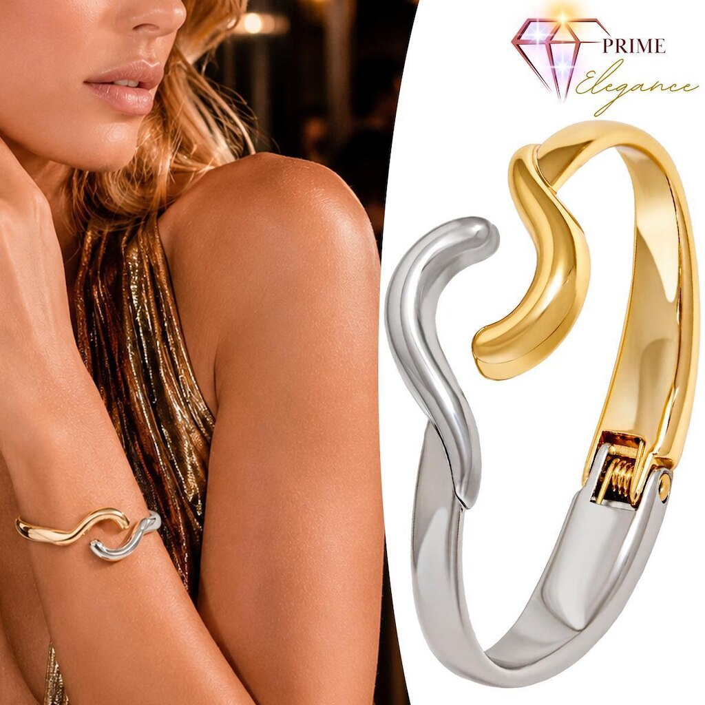 Bracelete Duo Texturizado Pulseira Simétrico Ouro Com Prata -NE