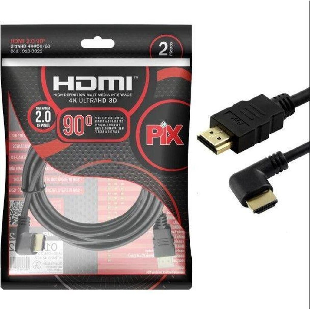Cabo HDMI 2.0 4K PIX, 2 Metros, 19 Pinos, Plug 90 Graus - 018-3322