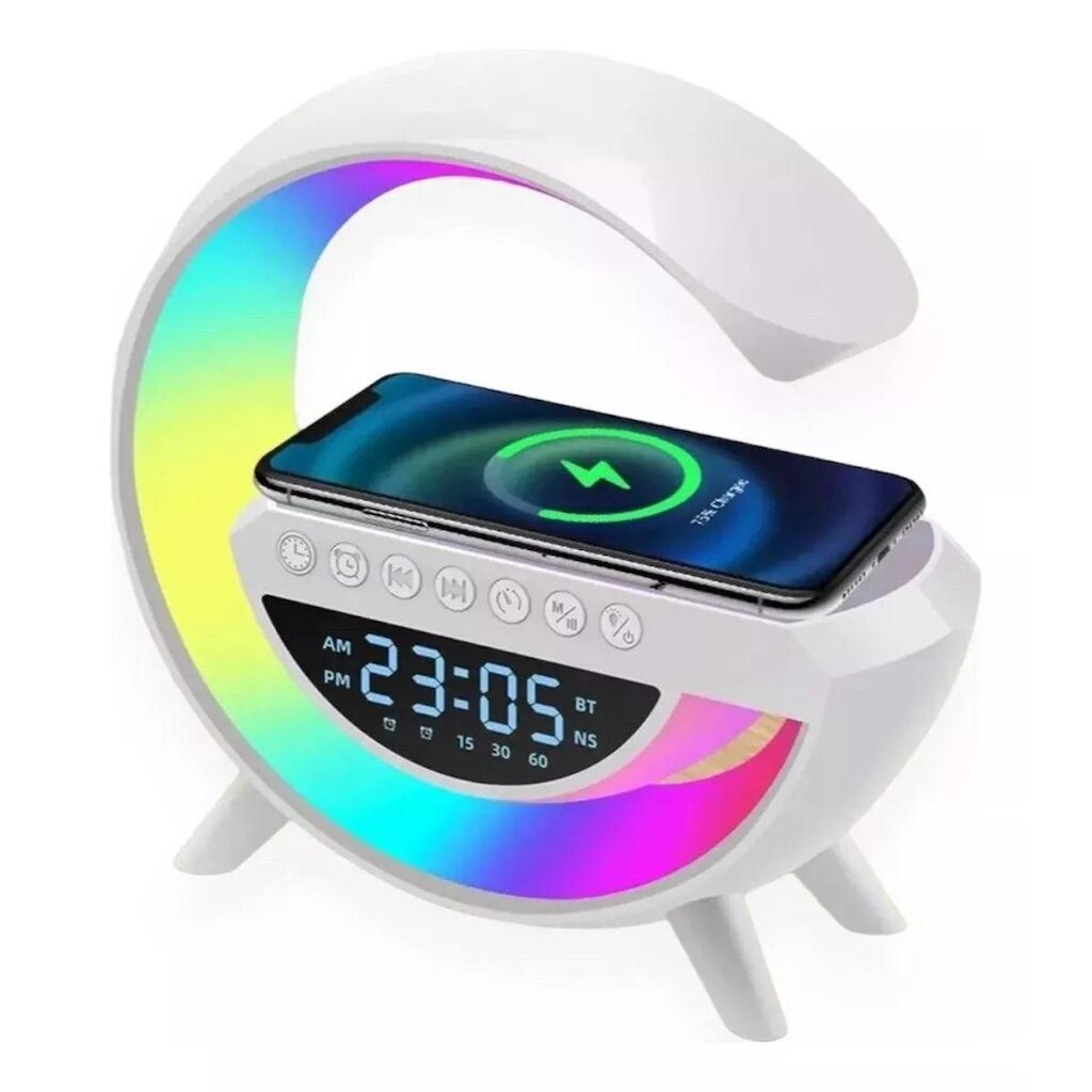 Caixa de Som Speaker G Relógio Abajour Bluetooth com Carreg Indução Led Rgb