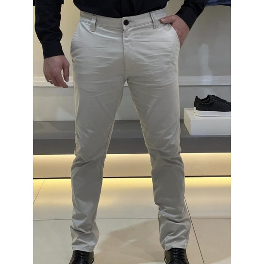 Calça Acostamento Sarja Elastano Rock Bolso Reto Masculino Bege