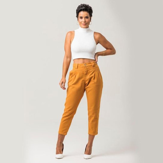 Calça Baggy Feminina Disparate Sarja Conforto Dia a Dia Mostarda