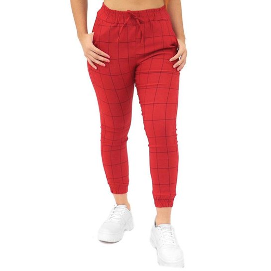 Calça Bengaline Xadrez Jogger Feminina Bomber Bolso Color - Vermelho Menor preço em Calça Bengaline Xadrez Jogger Feminina Bomber Bolso Color - Vermelho