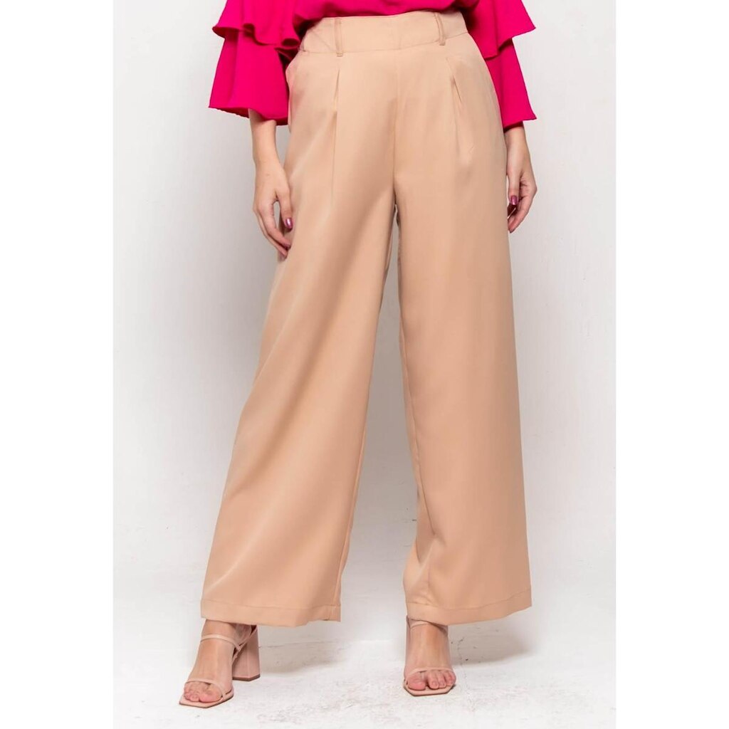 Calça Bisô Pantalona Alfaiataria Bege - Bege - P